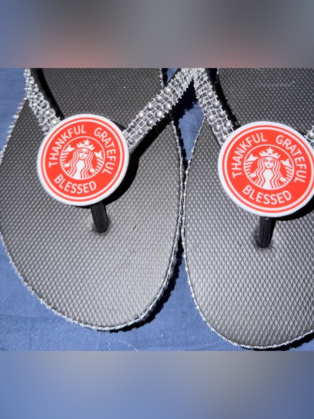 Thankful Grateful Blessed Red Medallion Black Flip Flops -  Accessories